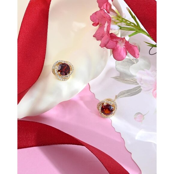 Women's Gold Plated Crystal Birthstone Adopt Circle Beautiful Red Earrings - Picture 7 of 8
